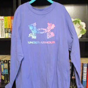 Under Armour Girl's Loose Fit Long Sleeved Purple Pullover Printed Top Sz. YMD